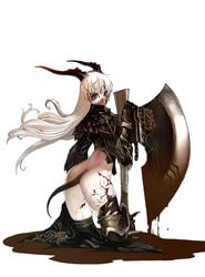 armor ass axe beige_skin blonde_hair blood blood_drip blood_stain bloody_axe boots bottomless brown_blood closed_mouth color copyright_request demon_girl female female_only gloves guro hair highres horns jeffr long_hair looking_at_viewer looking_back red_eyes smile solo tail warrior weapon white_background white_hair