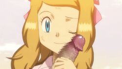 animated beaten_up blonde_hair blue_eyes censored dirty facejob hair_ornament handjob human human_only nintendo penis pokemon pokemon_(anime) pokemon_xy ribbon rubbing serena_(pokemon) smile