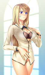 1girls blonde_hair blue_eyes bottomless bra breasts cleavage_cutout female isobe large_breasts lingerie long_hair no_panties pubic_hair roman solo sound_horizon underwear violette