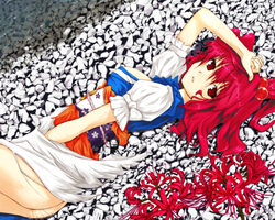 ass flower hair_bobbles hair_ornament komachi_onozuka masturbation pussy_juice red_eyes red_hair short_hair solo spider_lily touhou