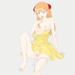 1girls asuka_langley_sohryu blue_eyes breasts clothing dress feet female female_only hachimitsuboi hair human long_hair medium_breasts neon_genesis_evangelion nipples orange_hair panties panty_pull pussy redhead solo sundress uncensored underwear yellow_dress