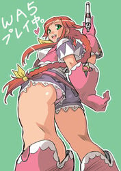 ass belt braid dr.p erect_nipples from_below gloves green_background green_eyes gun handgun happy long_hair looking_down panties pantyshot pink_panties pistol rebecca_streisand red_hair revolver shorts solo twin_braids underwear very_long_hair weapon wild_arms wild_arms_5