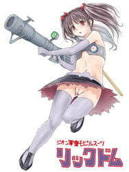 bazooka blush bucho detached_sleeves dom dom_(mobile_suit) flat_chest gundam legs long_hair mecha_musume midriff mobile_suit_gundam nipples no_panties pussy red_eyes skirt thighhighs tied_hair twintails uncensored upskirt weapon