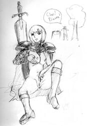 clare_(claymore) claymore claymore_(sword) medium_breasts monochrome parody pussy raki sketch sword weapon