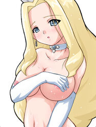 blonde_hair blue_eyes blush breast_hold breast_squeeze breasts choker covering elbow_gloves girutaabo gloves hagane_(artist) large_breasts long_hair mega_man mega_man_battle_network nipples nude nude_cover princess_pride sweat