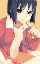 black_eyes black_hair jacket kara_no_kyoukai navel no_bra nude open_clothes open_jacket red_jacket ryougi_shiki short_hair smile solo topless tpz type-moon