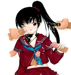 1girls 4boys black_hair cum cum_in_hair handjob king_of_fighters miu_kurosaki penis red_eyes school_uniform serafuku snk