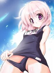 copyright_request name_tag one-piece_swimsuit panties pink_hair purple_eyes school_swimsuit short_hair sky sukumizu_flap swimsuit underwear