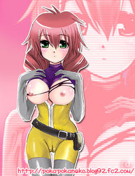 blush breasts cameltoe feldt_grace framed_breasts green_eyes gundam gundam_00 nipples no_bra torn_clothes