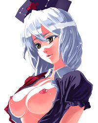 1girls breasts brown_eyes bust colored_eyelashes eirin_yagokoro eyelashes face female hat kumadano large_breasts lips long_hair nipples nurse_cap open_clothes open_shirt shirt silver_hair solo touhou