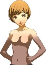 breasts brown_eyes brown_hair highres lipstick makeup navel no_nipples nude persona persona_4 satonaka_chie short_hair smile soejima_shigenori transparent_background