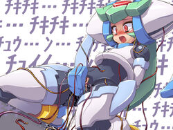 1girls cable crotch_plate hacking kneeling mega_man mega_man_zx mind_rape open_mouth pandora_(mega_man) pussy_juice red_eyes removing_crotch_plate solo tears tomoshibi_hidekazu