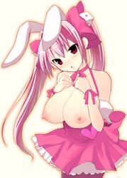 1girls animal_ears blush breasts bunny_ear bunny_ears di_gi_charat dice dress female human kujiran kurikara large_breasts light-skinned_female light_skin long_hair nipples pantyhose pink_hair puffy_nipples red_eyes ribbon ribbons tied_hair twintails usada_hikaru