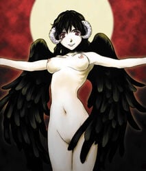 black_wings breasts copyright_request demon_girl horns navel nude red_eyes tamaoki_benkyou wings