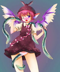 1girls animal_ear blush clothing cute_fang dress eel eels female flat_chest hat michii_yuuki mystia_lorelei panties pink_hair purple_eyes pussy_juice short_hair solo touhou underwear white_panties wings wink zoophilia