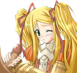 artist_request blonde_hair blush bracer bracers censored green_eyes handjob lowres partial_male penis precum radiata_stories ribbon ribbons ridley_silverlake wink