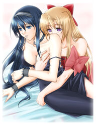 2girls blonde_hair blue_eyes blue_hair bow breast_grab breasts choker cleavage clothing dress female fervent_idiot groping hairband hairbow himemiya_chikane hug kannazuki_no_miko kurusugawa_himeko long_hair multiple_girls mutual_yuri no_bra purple_eyes strap_slip yuri