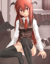 cum head_wings koakuma kurone long_hair red_hair solo succubus the_embodiment_of_scarlet_devil thighhighs touhou wings