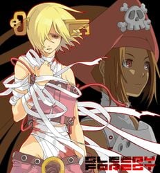 a.b.a bandage beige_skin blonde_hair blood blood_stain bloody_bandage color eye_bags guilty_gear hair_ornament hat homunculus key may_(guilty_gear) orange_eyes pirate red_blood short_hair skull skull_and_crossbones