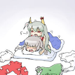 blush caved chibi clothes_on_floor ex-keine female fujiwara_no_mokou horn_ribbon horns keine_kamishirasawa multiple_girls object_on_head panties panties_on_head ribbon rif sex sweat touhou underwear yuri