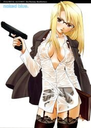 blonde_hair book breasts brown_eyes bullet cleavage clothes color female female_only front_view fullmetal_alchemist garter_belt glasses gun hair_down handgun highres human jacket jacket_on_shoulders lingerie long_hair nipples no_bra no_panties no_pussy novagina pistol riza_hawkeye see-through solo thighhighs underwear weapon