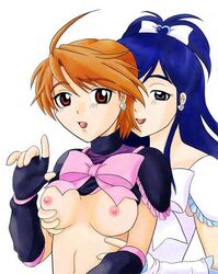 blue_hair bow breast_grab breasts brown_eyes clothing cure_black cure_white female futari_wa_precure futari_wa_pretty_cure long_hair long_yue_hong magical_girl misumi_nagisa multiple_girls precure pretty_cure red_hair short_hair small_breasts yukishiro_honoka yuri