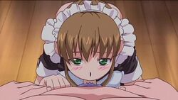 blush brown_hair cap fellatio green_eyes maid maid_in_heaven maid_in_heaven_supers nagisa nagisa_(maid_in_heaven) oral penis pov