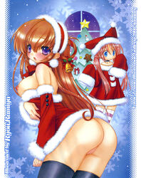 ass bare_shoulders bell blue_eyes blush bottomless bow breasts brown_hair choker christmas christmas_tree comic_tenma detached_sleeves earrings female female_only fingernails folklore fur fur_trim gingerbread_man hair_ribbon hair_ribbons hat high_resolution jewelry large_breasts long_hair long_sleeves mistletoe multiple_girls nipples no_panties pink_hair public_domain purple_eyes pussy ramiya_ryou ribbon ribbons santa santa_costume santa_hat snow snowflakes snowman star stars striped striped_legwear striped_thighhighs thighhighs tied_hair twintails uncensored