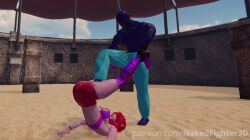 3d 3d_model ballbusting big_breasts breasts curvy curvy_body curvy_figure curvy_hips dark-skinned_male dark_skin elf_ears fantasy fantasy_world fight fighting fighting_game fighting_pose fighting_ring futanari futasub game game_screenshot intersex male male_on_futa naked_fighter_3d pink_skin purple_body purple_skin red_hair rough_sex round_ass violet_skin
