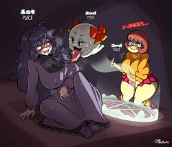 3girls after_kiss areola areola_bulge areolae areolae_bulge big_boobs big_breasts big_tits big_tongue biped biting_lip blush bodily_fluids boo_(mario) boobs bottomwear breasts brown_hair child_bearing_hips cleavage clothed clothed_female clothing contest crossover curvy dress eager eastern_and_western_character eyelashes eyewear female female/female female_focus female_only fingering fingering_self freckles ghost ghost_girl glasses group hair hanna-barbera hex_maniac hi_res hips hips_wider_than_shoulders hourglass_figure huge_boobs huge_breasts huge_hips huge_tits human human_female humanoid humanoid_female joaoppereiraus kissing kneeling lady_bow larger_female light-skinned_female light_skin long_hair magic magic_circle mammal mario_(series) mario_bros massive_hips masturbation mature mature_female nerd nintendo nipple_bulge nipples orange_sweater paper_mario pokemon pupils purple_hair red_skirt saliva saliva_drip saliva_on_face saliva_on_tongue saliva_string saliva_trail scooby-doo scooby-doo_(series) size_difference skirt smaller_female smile summoning_circle sweat sweater thick thick_thighs thighs tits trio trio_focus velma_dinkley voyeur wide_hips yuri