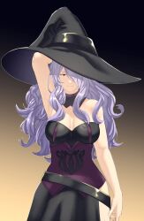 1girls absurdres alternate_costume arm_behind_head arm_up armpits bare_arms belt black_background breasts camilla_(fire_emblem) dress female female_only fire_emblem fire_emblem_fates gradient_background hair_over_one_eye half-closed_eyes halloween halloween_costume hat highres large_breasts long_hair looking_at_viewer nintendo pink_eyes pomelomelon purple_eyes purple_hair side_slit sleeveless sleeveless_dress smile solo thighs very_long_hair witch witch_hat yellow_background