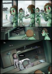 absurd_res artist_name blood bodily_fluids breasts casual colored comic digital_drawing_(artwork) digital_media_(artwork) dirty emaciated english_text female genitals goblin green_body green_skin greenbuncafe group hair hi_res horror_(theme) humanoid inner_monologue male mammal medium_breasts nipples nonsexual nonsexual_nudity nude outside penis pointy_ears pubes pubic_mound raining red_eyes roadkill_(greenbuncafe) ruins scared shaded shocked short_stack signature sodacan_(greenbuncafe) sodacan_and_roadkill speech_bubble surprised text thinking trio