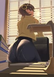 ass ass_focus azashiro_kp black_bodysuit black_hair blush bodysuit bodysuit_under_clothes book brown_jacket chair commentary curvy dark-skinned_female dark_skin desk_lamp emma_(pokemon) emma_(pokemon_legends:_z-a) female from_behind hair_between_eyes hair_ornament highres huge_ass indoors jacket lamp latex latex_bodysuit looking_at_viewer matiere_(pokemon) matiere_(pokemon_legends:_z-a) nintendo on_table pokemon pokemon_legends:_z-a purple_eyes shadow shiny_clothes short_hair sidelocks sitting solo sunlight sunset swept_bangs table wide_hips window window_blinds