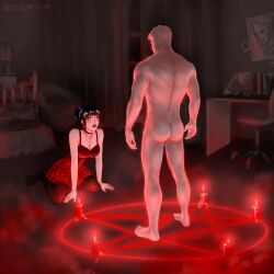 1boy 1girls alternate_version_available athletic_male attack_on_titan bed bedroom blush clothed_female dark_room dim_lighting female fit_male goth goth_girl goth_mikasa imminent_sex josmium male mikasa_ackerman modern_au modern_setting nude nude_male reiner_braun straight summoning summoning_circle