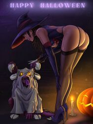 ass ass_bigger_than_head ass_focus bare_thighs big_butt big_thighs blizzard_entertainment body_contours clothed clothing costume creature drawing drawn dreadlocks female female_focus female_human game game_cg ghost glistening_skin halloween halloween_costume halloween_pumpkin halloween_theme heels high_quality high_resolution highres long_hair looking_at_another looking_at_partner sarah_kerrigan shadow_portal slutcraft standing starcraft stare staredown sweat thick_thighs thighs trembling western_art witch witch_hat woman_focus yellow_eyes zerg zergling