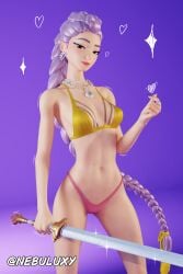 absurd_res bikini braid braided_ponytail brown_eyes female fortnite fortnite:_battle_royale glint gradient_background holding_sword holding_weapon kpop_demon_hunters motion_lines multicolored_clothing nebuluxy necklace pendant pendant_necklace purple_hair red_lips rumi_(kpop_demon_hunters) small_breasts snapping_fingers sword tagme twitter_username very_long_hair