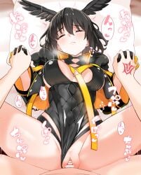 1boy absurdres black_gloves black_hair black_jacket black_one-piece_swimsuit blush breasts censored cleavage cleavage_cutout clothing_cutout command_spell fate/grand_order fate_(series) female gloves head_wings highres holding_hands jacket large_breasts long_sleeves male one-piece_swimsuit open_clothes open_jacket ortlinde_(fate) ortlinde_(swimsuit_assassin)_(fate) penis short_hair spread_legs straight swimsuit thighs valkyrie_(fate) wings yoosai