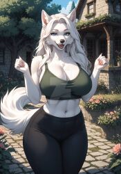 1girls adoptable adult adult_female ai_generated anthro ass big_ass big_breasts blue_eyes breasts canid canine canis christophthomas cleavage curvy curvy_body curvy_female curvy_figure day daytime deviantart ears excited female furry happy house huge_ass huge_breasts long_hair looking_at_viewer mature_female milf no_bra older_female open_mouth open_smile outdoors outside pants smile standing tail tank_top thick_thighs white_body white_fur white_hair wide_hips wolf wolf_girl