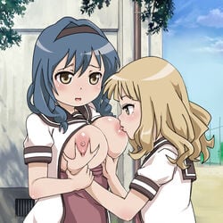 2girls areolae blonde_hair blue_hair breast_sucking breasts breasts_out brown_eyes clothing female furutani_himawari groping kentarosu7 low_twintails multiple_girls nipples oomuro_sakurako outdoors school_uniform serafuku tied_hair twintails yuri yuru_yuri