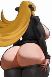 1girls ass ass_focus big_ass big_breasts blonde_hair breasts breasts_out bubble_butt busty clothing cynthia_(pokemon) fat_ass female female_only gluteal_fold huge_ass huge_breasts jacket large_ass large_breasts long_hair massive_ass no_bra no_panties open_clothes open_jacket pants pants_down pokemon rear_view simple_background solo spiralnoww thick_ass thick_thighs white_background wide_hips