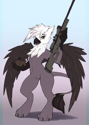 anthro avian claws clothing eraclea explosives feathered_wings feathers female flat_chested green_eyes grenade gryphon gun looking_at_viewer midriff navel nude open_beak paws pussy ranged_weapon rifle scope shirt sniper_rifle solo toe_claws weapon wide_hips wildshard wings