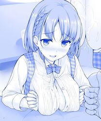 blush bowtie braid breasts cleavage female gesture indoors large_breasts male monochrome nose_blush open_mouth original out_of_frame paizuri penis short_hair side_braid straight sweat thumbs_up tied_hair unbuttoned uni8