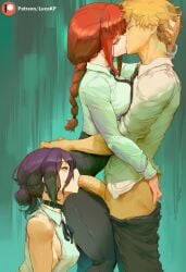 1boy 2girls ai_generated blowjob chainsaw_man chocker closed_eyes denji_(chainsaw_man) dominant eyes_half_open female femdom hand_on_head holding_another's_head kissing kneeling lucakp makima_(chainsaw_man) male pants_down patreon patreon_link patreon_logo patreon_reward patreon_url patreon_username penis ponytail pressed_against pressed_together purple_hair red_hair reze_(chainsaw_man) simple_background standing sucking sucking_penis tagme tie yellow_eyes