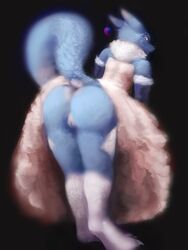 anthro ass blue_fur bride clothing digimon dress fan_character female fur haley_(nightfaux) kheltari looking_at_viewer mammal pussy renamon simple_background soft_focus solo wedding_dress white_fur