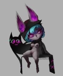 animal_ears animal_nose areola big_ears black_clothing black_hoodie black_nose black_topwear bottomless breasts bunny_ears bunny_girl clothed clothing eyelashes feet female genitals green_hair grey_background hair hoodie horustheblind humanoid inner_ear_fluff lagomorph league_of_legends long_sleeves nipples purple_areola purple_eyes purple_nipples pussy rabbit rabbit_ears rabbit_girl riot_games shadow_(lol) short_hair short_stack simple_background sitting solo tencent thick_thighs topwear tuft vex_(league_of_legends) vulva wide_hips yordle