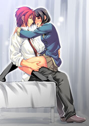 1boy black_legwear blush couple female hair_ornament hair_scrunchie hakuouki_shinsengumi_kitan harada_sanosuke_(hakuouki) heavy_breathing highres infirmary necktie ookami_ryousuke pleated_skirt school_uniform scrunchie sex skirt smile straddling sweat yukimura_chizuru