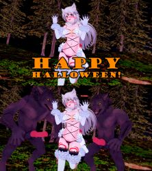 1girls 3d amaterasu amaterasu_(gijinka) big_breasts black_tipped_tail breasts canine canine_genitalia canine_penis capcom clover_studio comic dangerous_beast female forest gijinka halloween holidays humanized japanese_mythology koikatsu koikatsu_(medium) long_hair male mash_kyrielight_(dangerous_beast)_(cosplay) okami orange_eyes penis personification red_accents red_markings tagme werewolf white_hair wolf wolf_ears wolf_girl wolf_tail
