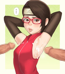 ... 1girls 2boys after_sex armpit_sex armpits arms_behind_head arms_up bangs black_gloves black_hair blush boruto:_naruto_next_generations brown_eyes censored cum cum_on_body cum_on_upper_body disembodied_penis elbow_gloves female forehead_protector glasses gloves konohagakure_symbol lips looking_at_viewer maou_alba mosaic_censoring multiple_penises naruto penis red-framed_glasses sarada_uchiha showing_armpits sleeveless small_breasts solo sweatdrop swept_bangs zipper