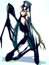 animal_humanoid arthropod arthropod_humanoid blue_hair breasts calne_ca clothing crop_top crop_top_only crustacean crustacean_humanoid female female_humanoid genitals hair hatsune_miku horror_(theme) humanoid hylran isopod isopod_humanoid looking_at_viewer machine malacostracan monster monstrous_humanoid nightmare_fuel red_eyes robot robot_humanoid robotic_arm robotic_leg scary shirt simple_background small_waist solo topwear twintails_(hairstyle) vocaloid vulva white_background