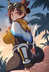 1boy 1boy1girl 1girls 777form777 ai_generated ass assjob blush breasts brown_eyes brown_hair buttjob clothed_female_nude_male covered_buttjob cowgirl_position cum cum_on_ass cumshot female handler_(monster_hunter_world) headgear heart huge_ass huge_breasts looking_at_viewer looking_back male monster_hunter monster_hunter_world motion_lines outdoors outside penis penis_between_ass pov pov_crotch pov_eye_contact pov_male simple_background sitting sitting_on_lap smile sweat